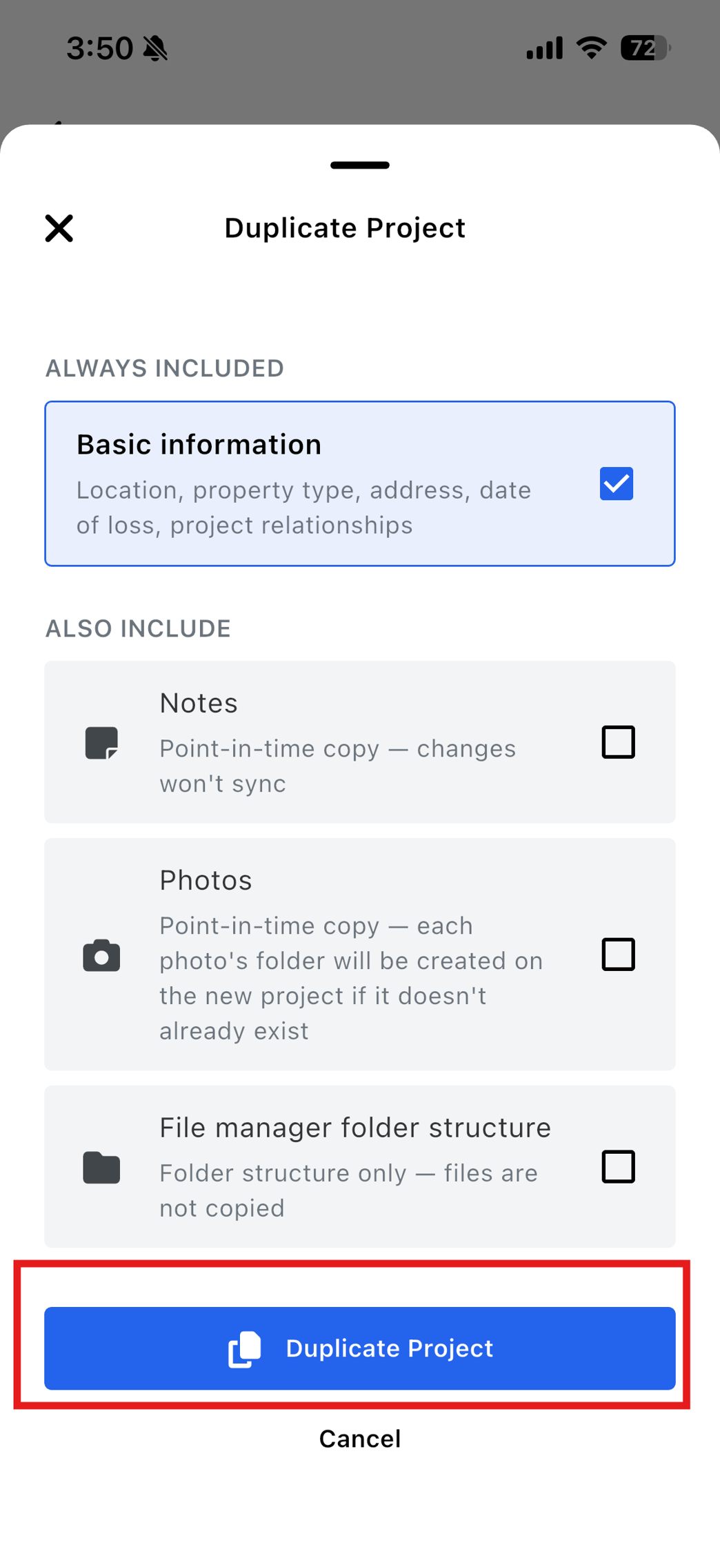 Duplicating a project on the mobile app