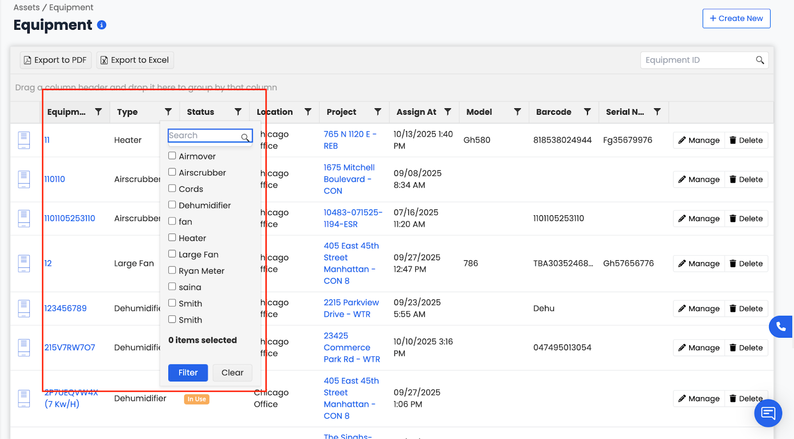 Equipment Dashboard: Sorting, Filters, and Exports